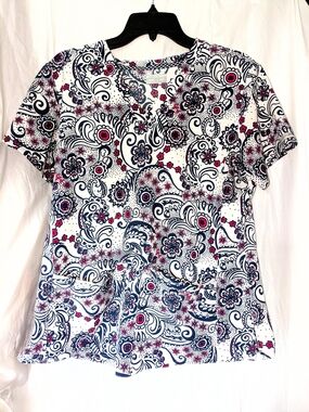 Med Couture Scrub Large Paisley Floral Navy and Pink V-Neck Top